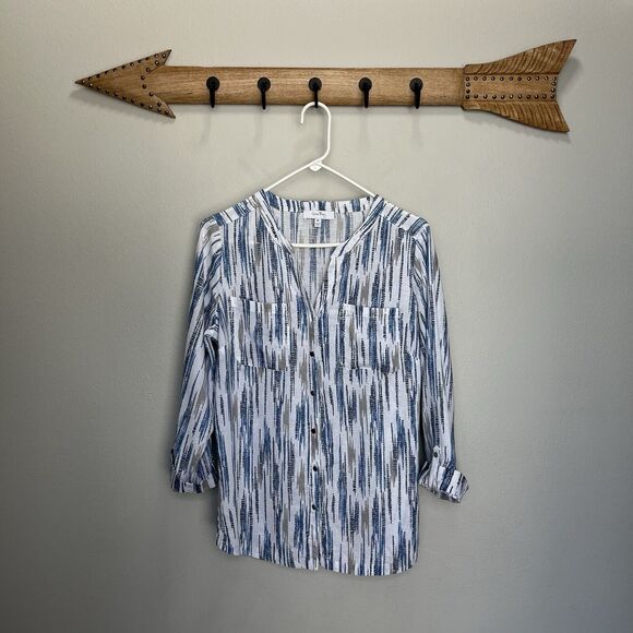 Coral Bay | Striped Button Up Roll Tab Sleeve Linen Rayon Top Pockets Sz Medium - Picture 1 of 5